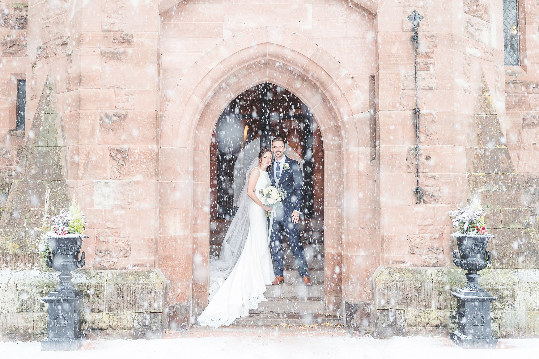 light airy Peckforton castle wedding photography in the snow