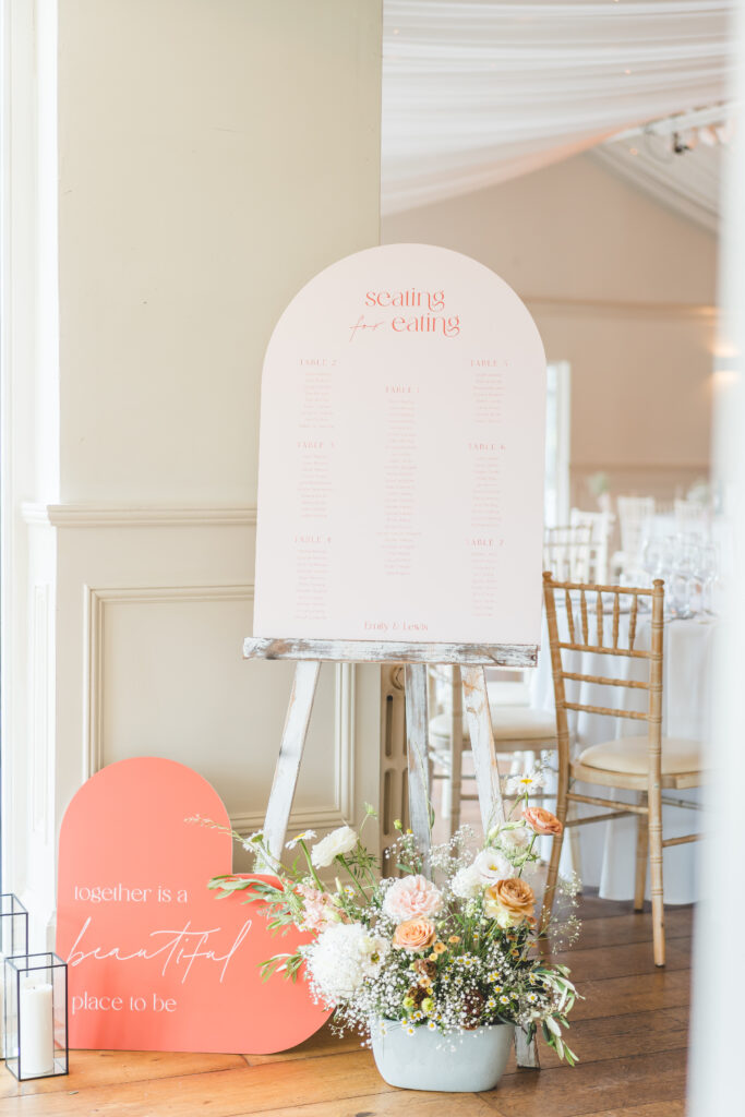 table plan and signs with peach flowers at iscoyd park 